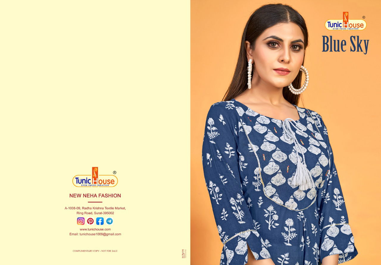 Tunic House Blue Sky Fancy Ethnic Wear Printed Kurti With Bottom Collection